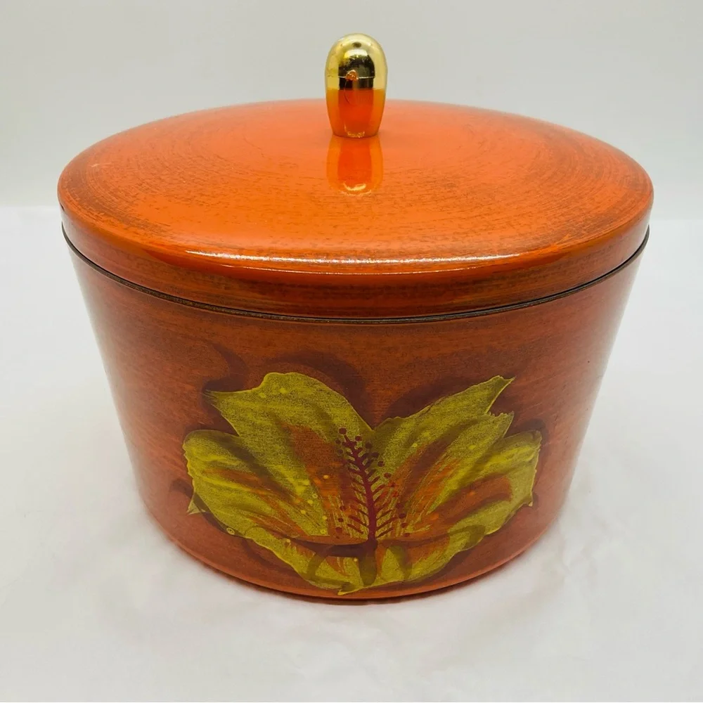 VTG Orange Lacquer Ware Stacking Nesting Set 3 Bowls & Lid Floral Design - Japan